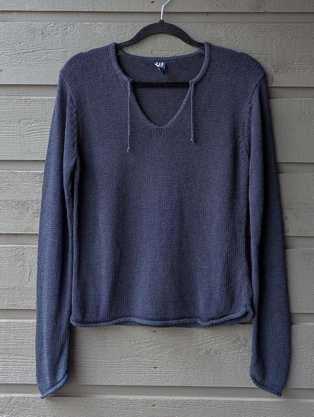 VTG Y2K GAP Women's Dark Navy Blue Knit Linen Blend V-Neck Sweater Medium